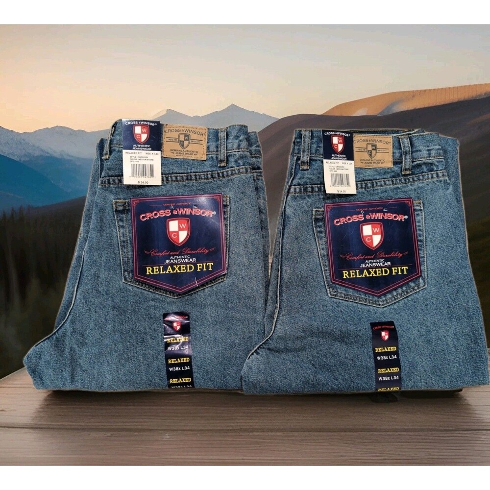 LOT/2 CROSS & WINDSOR BLUE DENIM JEANS RELAXED FIT MEN SZ 38×34(36X34 ACTUAL)NWT